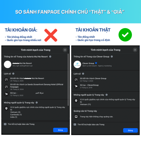 So sánh page Tích xanh thật và giả